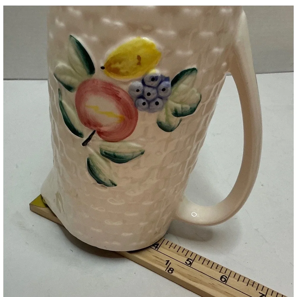 Vintage‎ Pitcher and 5 Cup Set Fruit Basketweave Ceramic Tropical Cream